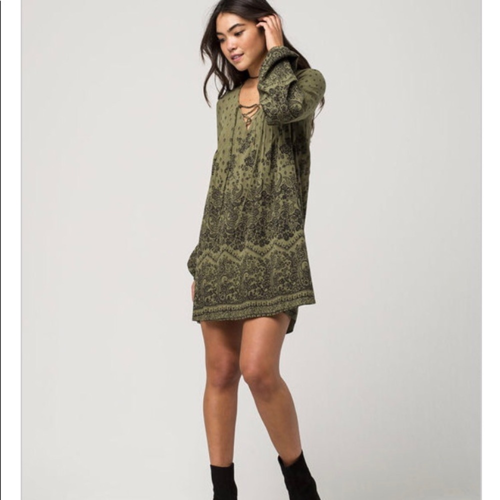 Billabong Lace Up Dress Olive Long Sleeve